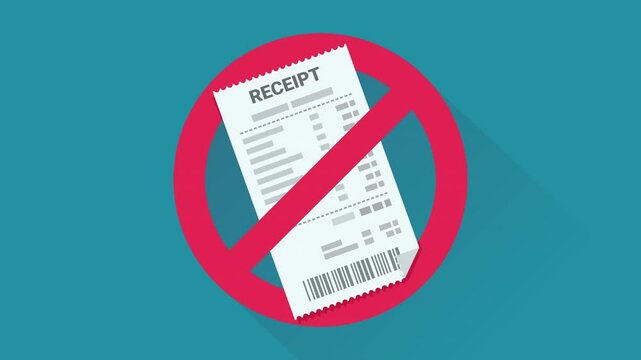 Appearance of crossed out red circular prohibition symbol on a receipt on blue background with long shadow in flat design style
