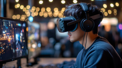 Immersed in virtual world, young man wears VR headset while gaming at computer. vibrant lights create an engaging atmosphere, enhancing gaming experience