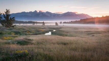 A misty mountain landscape at dawn, featuring a serene stream and vibrant wildflowers in the foreground. AI Generated Image