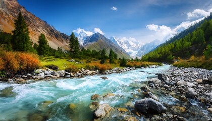 A stunning mountain river flows through a vibrant valley under a clear blue sky with majestic peaks nearby. Generative AI