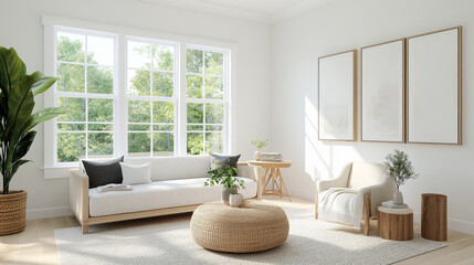 A bright and airy living room featuring modern sofa, cozy armchair, and natural decor elements. large windows allow sunlight to fill space, creating warm and inviting atmosphere