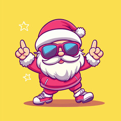 Obraz premium vector drawing of Santa Claus in sunglasses with victory gesture on yellow background .Generative AI