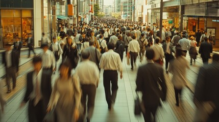 Obraz premium A lot of employee walk and rush to work. Very crowded on the sidewalk. Telephoto shot.