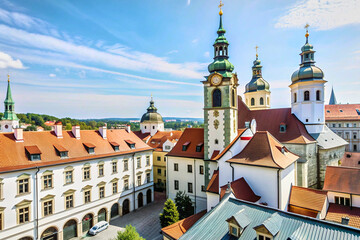 Obraz premium Old medieval city with residential buildings, cathedrals, bell towers