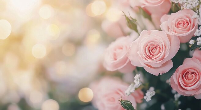 Elegant arrangement of pale roses with a blank card in a soft, romantic setting