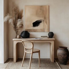  Contemporary table setup with modern art and flowers. A sleek interior scene showcasing a decorative table with fresh flowers and unique, modern art pieces on the wall. 