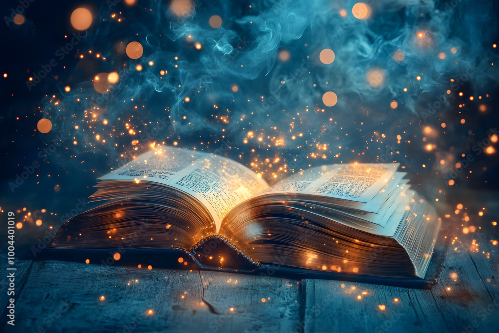 Aufkleber magic book with open pages and abstract bokeh background.