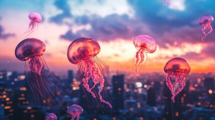 Jellyfish float delicately in the twilight sky, casting a mesmerizing glow as they glide above the city, illuminated by the warm hues of sunset