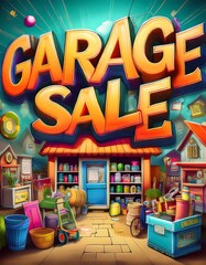 Bright and cheerful garage sale poster announcing a fun event at the local community center on Saturday morning. Generative AI