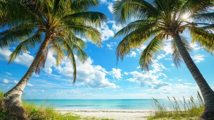 Fototapeta premium Coconut trees and blue sky looking beach.