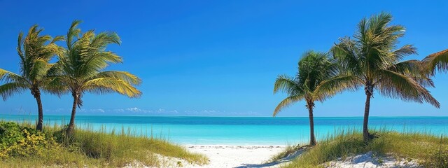 Obraz premium Coconut trees and blue sky looking beach.