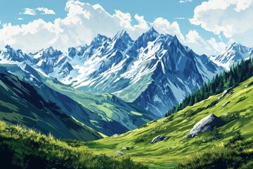 Obraz premium A Green Meadow Surrounded by Majestic Snow-Capped Mountains