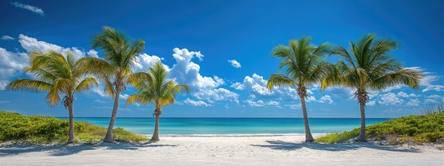 Fototapeta premium Coconut trees and blue sky looking beach.