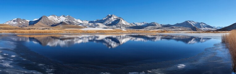 A serene mountain landscape reflecting on a calm lake under clear blue skies during the day in a remote alpine region