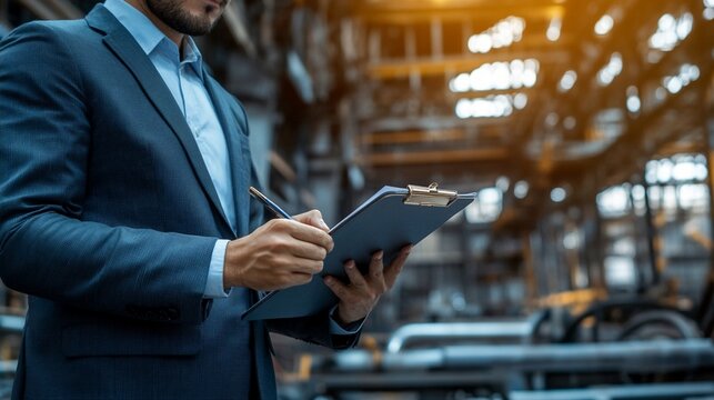 Businessman in blue suit writing on clipboard in industrial warehouse setting, illuminated by warm ambient light. Focus on hands and document.