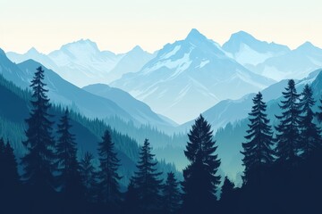 Silhouette of Pine Trees Against a Misty Mountain Range