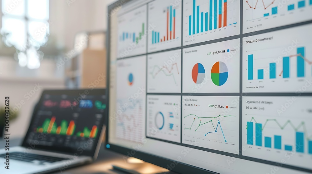 Poster a financial dashboard showing multiple graphs, including line graphs and bar charts, with data point