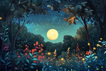 Obraz premium Nighttime Forest with Full Moon and Blooming Flowers