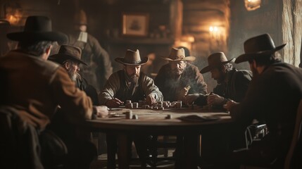 A group of cowboys engaged in a poker game inside a rustic tavern during the late evening hours