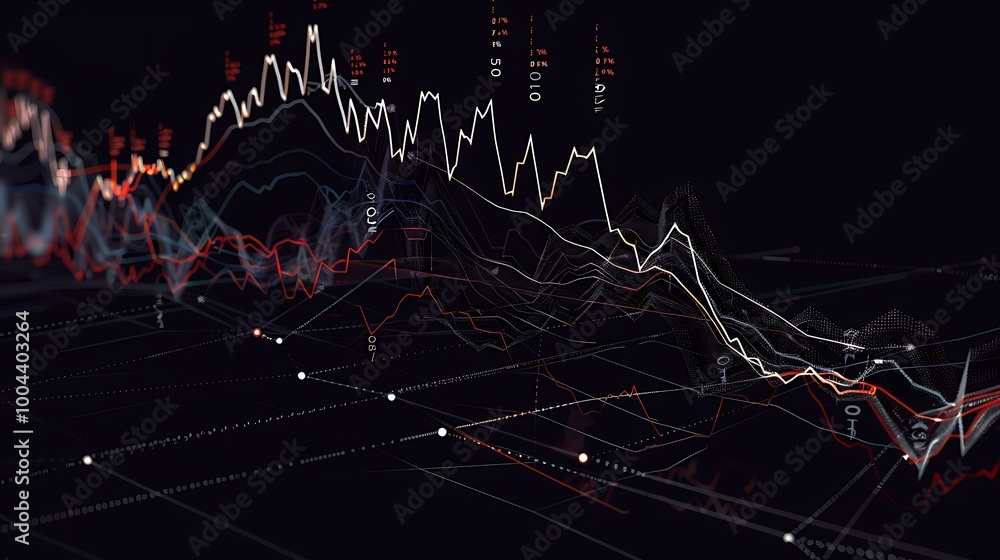 Poster a line graph with dynamic curves tracking stock price fluctuations over time, with data labels and t