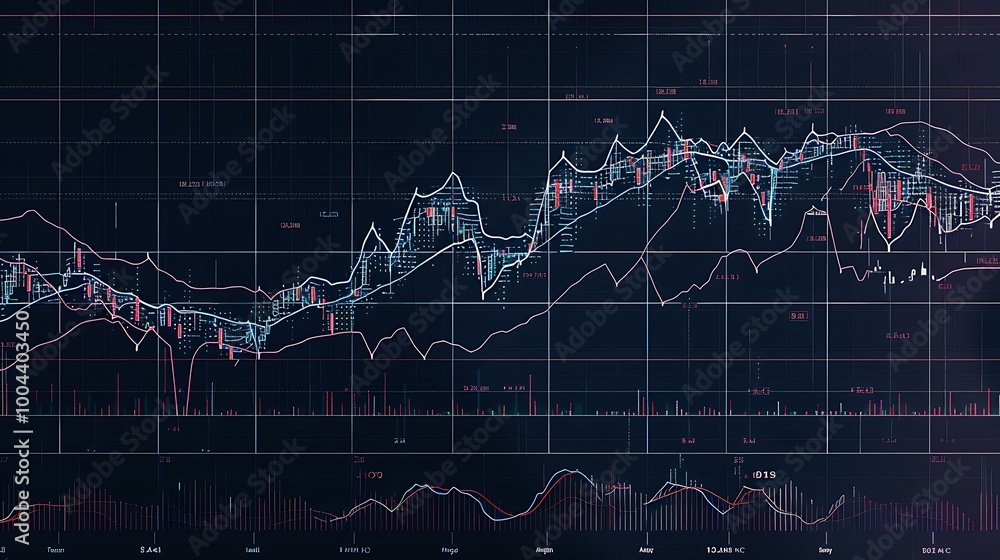 Poster a line graph with dynamic curves tracking stock price fluctuations over time, with data labels and t