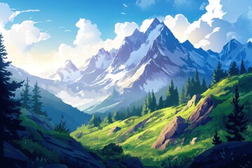 Obraz premium Mountainous Landscape with Snow-capped Peaks and Lush Green Hills