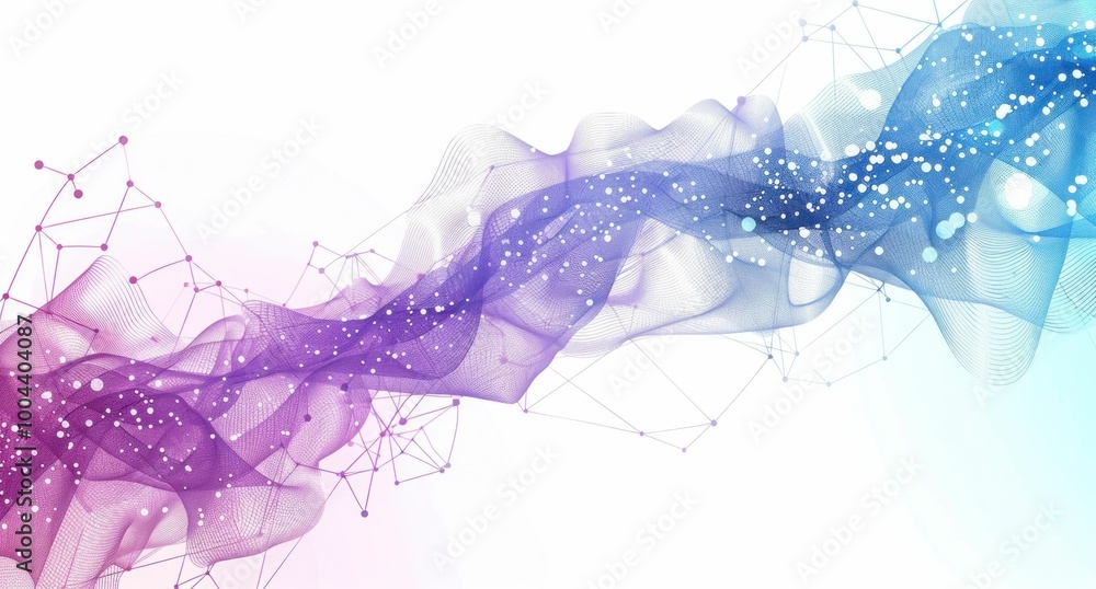 Poster abstract wave of flowing colors in purple and blue tones with a soft gradient background and connect