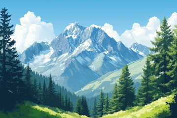 Fototapeta premium Majestic Snow-Capped Mountain Range with Lush Green Forest and Cloudy Sky