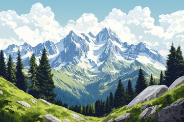 Mountain Range with Snow-Capped Peaks and a Lush Forest Foothill