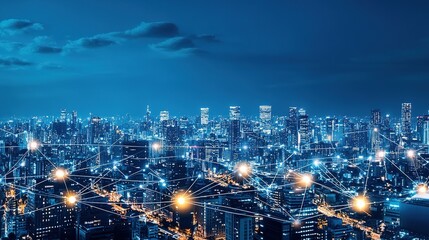 Obraz premium Cityscape with Network Connections at Night