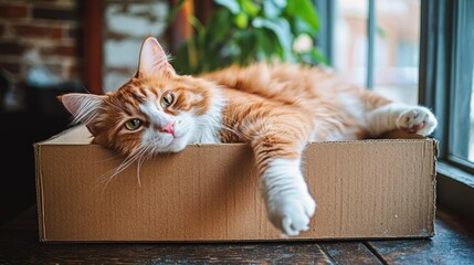 A relaxed orange cat lounging in a cardboard box by a window.
