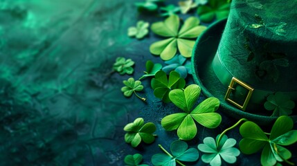A St. Patrick's Day themed arrangement featuring a green hat with a gold buckle and clover leaves lying on a textured background in shades of green.