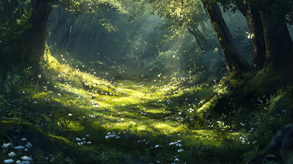  A serene forest glade with a soft carpet of moss and dappled sunlight. 