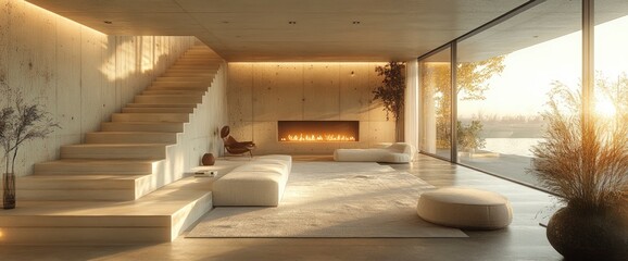 Modern Minimalist Living Room with Fireplace and Large Window