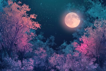 Night Sky with Full Moon Over Silhouetted Trees