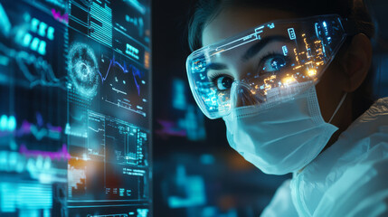 A researcher analyzes digital data while wearing protective gear and a mask in a futuristic laboratory setting at night
