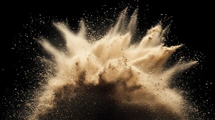 Sand explosion isolated on black background. Freeze motion of sandy dust splash