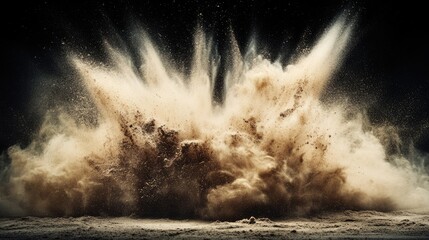 Sand explosion isolated on black background. Freeze motion of sandy dust splash