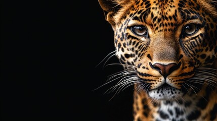 Intense close-up of a leopard piercing gaze against a black backdrop, showcasing the raw power of wildlife.