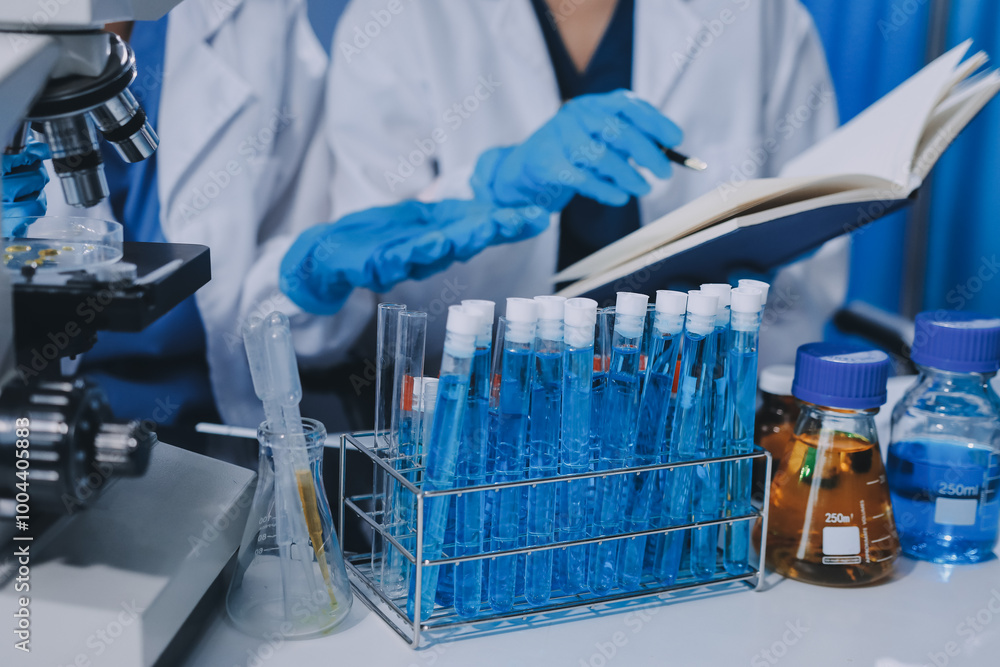 Wall mural scientist using microscope in laboratory. close-up of a researcher's hands adjusting a modern micros