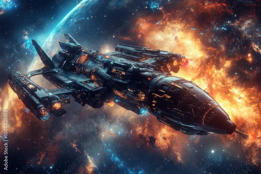 Poster a futuristic spaceship navigates through vibrant cosmic clouds and celestial phenomena in the depths