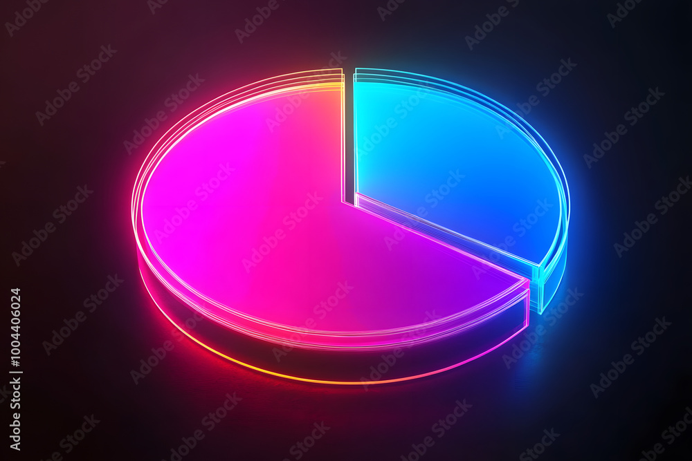 Poster a neon glowing pie chart against a dark background, symbolizing data visualization and modern digita
