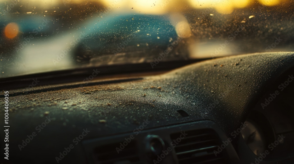 Poster a close-up view of a dusty car dashboard with a blurred background of vehicles.