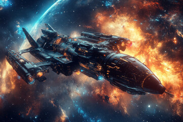 Obraz premium A futuristic spaceship navigates through vibrant cosmic clouds and celestial phenomena in the depths of space. Generative AI