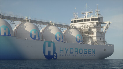 Large cargo ship transporting hydrogen. Realistic 3d render.