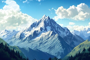 Obraz premium Majestic Snow-Capped Mountain Peak with Lush Forested Slopes Under a Blue Sky with White Clouds