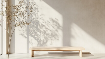 A minimalist wooden bench is positioned against light wall, casting soft shadows. delicate tree adds touch of nature, enhancing serene atmosphere of space