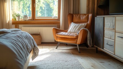 A cozy bedroom with a comfy armchair made of wood and leather.
