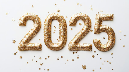 Celebrate upcoming year with sparkling golden numbers representing 2025, surrounded by festive stars and glitter. This vibrant display captures excitement of New Years celebrations