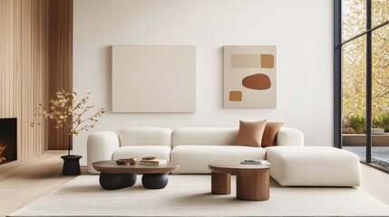 A modern living room featuring cozy white sofa, minimalist decor, and natural light streaming through large windows. space exudes warmth and tranquility